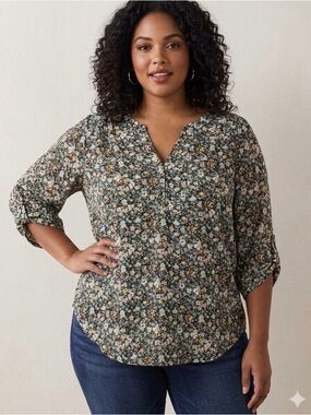 torrid Black Floral V-Neck Tunic with Pink, Mint & Yellow Accents